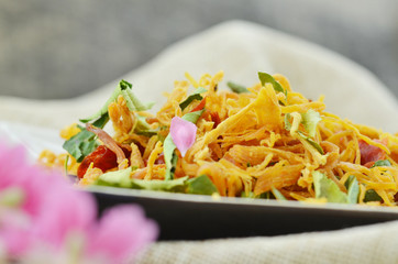 Shredded dried chicken on raw cloth, detail