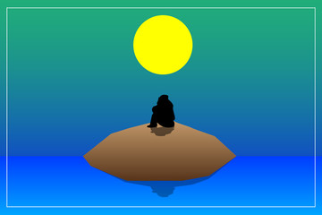 Shadow of a person sitting on an island in the sea With a white border and moon Build all with vector