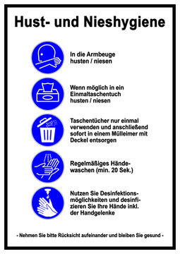 ds237 DiskretionSchild - german sign: Hust- und Nieshygiene: Händewaschen und Desinfektion. - Papiertaschentücher / Abfallbehälter. - corona COVID-19 - Armbeuge niesen / husten. - DIN A2 A3 A4 g9680