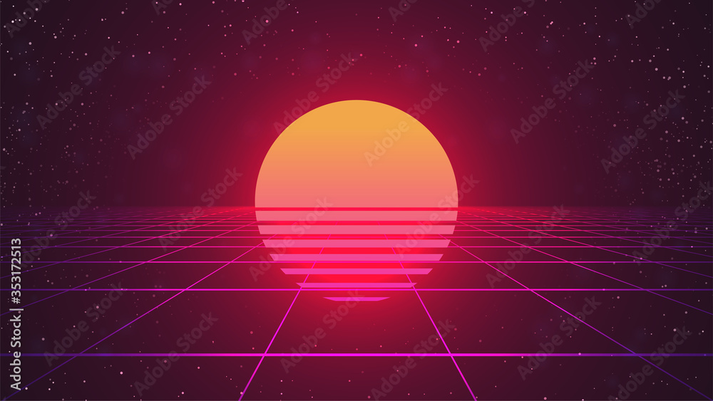 Wall mural retro futuristic background with sun. pink perspective grid. dark backdrop with stars. 80s computer 