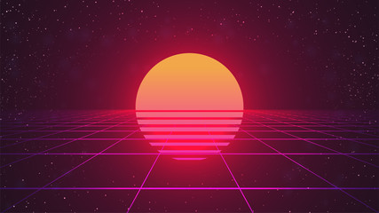 Retro futuristic background with sun. Pink perspective grid. Dark backdrop with stars. 80s computer landscape. Stock vector illustration