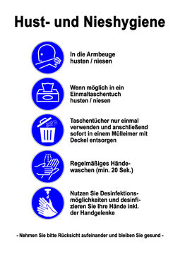 ds238 DiskretionSchild - german sign: Hust- und Nieshygiene: Händewaschen und Desinfektion. - Papiertaschentücher / Abfallbehälter. - corona COVID-19 - Armbeuge niesen / husten. - DIN A2 A3 A4 g9681