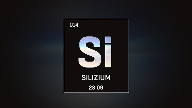 3D illustration of Silicon as Element 13 of the Periodic Table. Grey illuminated atom design background orbiting electrons name, atomic weight element number in German language