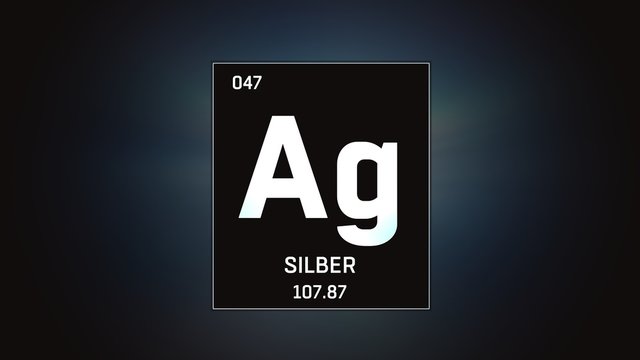 3D illustration of Silver as Element 47 of the Periodic Table. Grey illuminated atom design background orbiting electrons name, atomic weight element number in German language