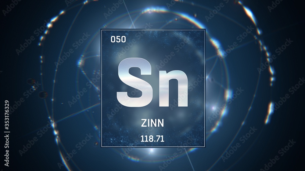 Poster 3d illustration of tin as element 50 of the periodic table. blue illuminated atom design background  - Posters
