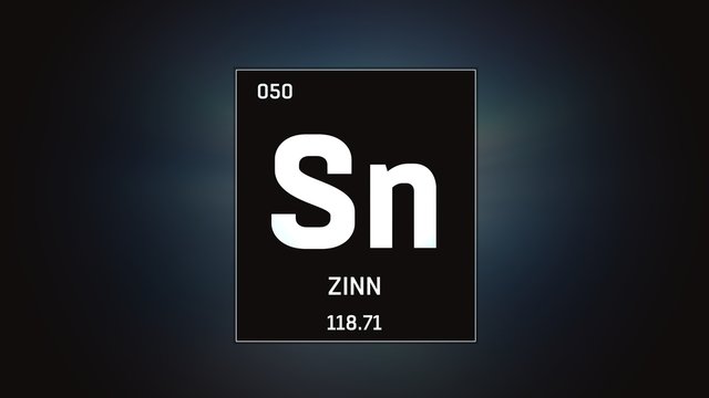 3D illustration of Tin as Element 50 of the Periodic Table. Grey illuminated atom design background orbiting electrons name, atomic weight element number in German language