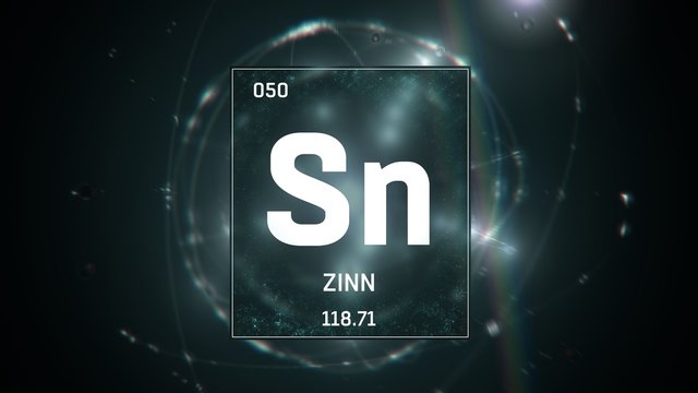 3D illustration of Tin as Element 50 of the Periodic Table. Green illuminated atom design background orbiting electrons name, atomic weight element number in German language
