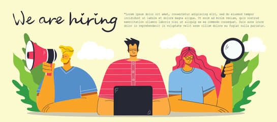Hiring agency concept illustration in modern flat and clean design. Men and women use laptop, searching and promoting. Landing page, single page application web design. Colorful vector illustration.