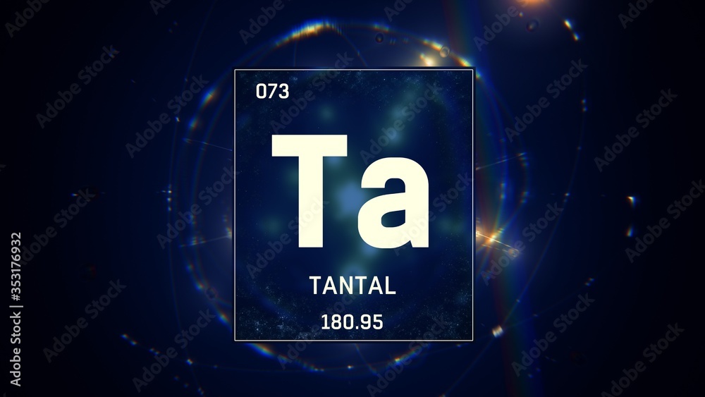 Wall mural 3d illustration of tantalum as element 73 of the periodic table. blue illuminated atom design backgr