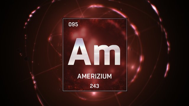3D illustration of Americium as Element 95 of the Periodic Table. Red illuminated atom design background with orbiting electrons name atomic weight element number in German language