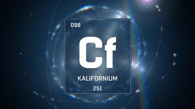 3D illustration of Californium as Element 98 of the Periodic Table. Blue illuminated atom design background with orbiting electrons name atomic weight element number in German language