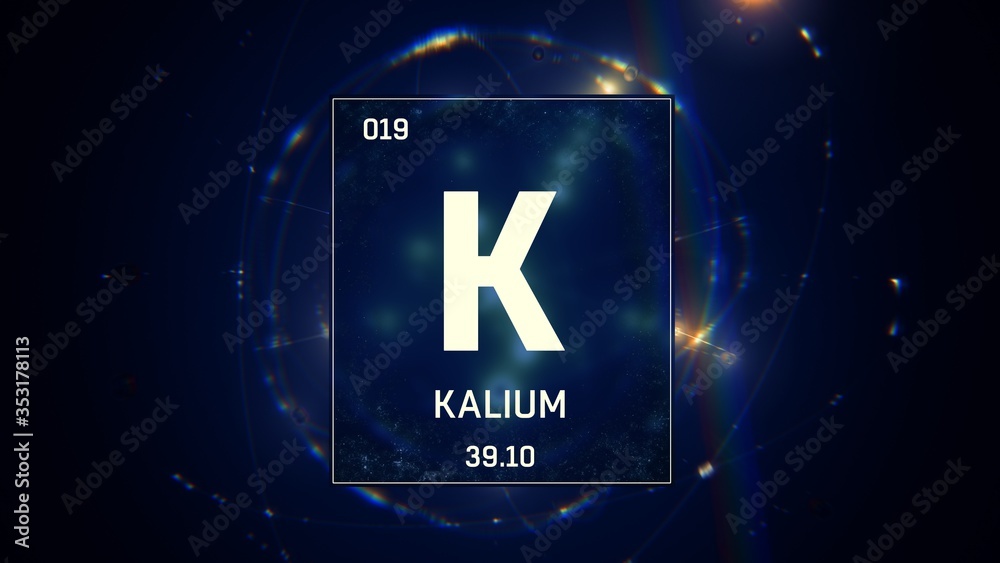 Sticker 3D illustration of Potassium as Element 19 of the Periodic Table. Blue illuminated atom design background orbiting electrons name, atomic weight element number in German language