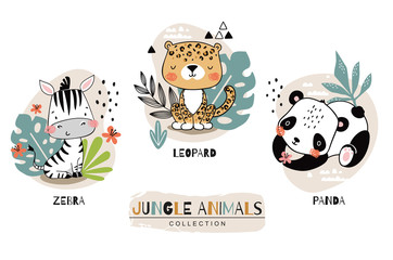 Jungle baby animals collection. Zebra with leopard and panda cartoon characters. Hand drawn icon set design illustration.