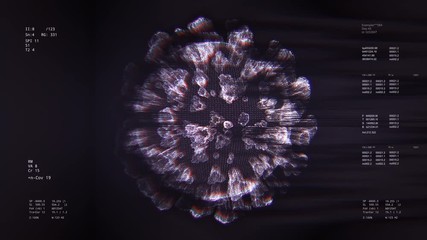 3D Corona Virus structure motion. Genome analyzing or research. Interface concept. Biochemistry statistics and data displayed on modern high-tech laboratory screen. Virology experiments to get vaccine - Powered by Adobe