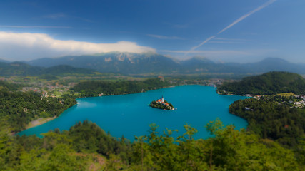 View of the island with a temple on Lake Bled. Tilt Shift Effect. Miniature effect.