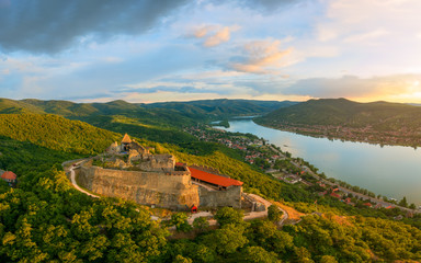 Amazing aerial landscapes about the Visegrad Castle in Hungary.  Fantastic historical castle ruin...