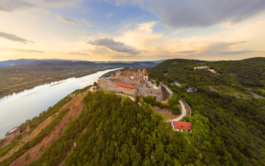 Naklejka premium Amazing aerial landscapes about the Visegrad Castle in Hungary. Fantastic historical castle ruin in Danube bend. Populad tourist destination