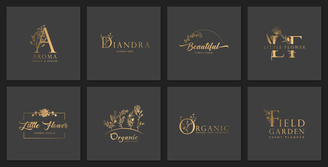 Set of luxury floral logos, wedding branding with flower elements.