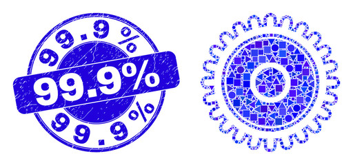 Geometric cog mosaic pictogram and 99.9% seal stamp. Blue vector round textured seal stamp with 99.9% text. Abstract concept of cog designed of round, triangles, square geometric elements.