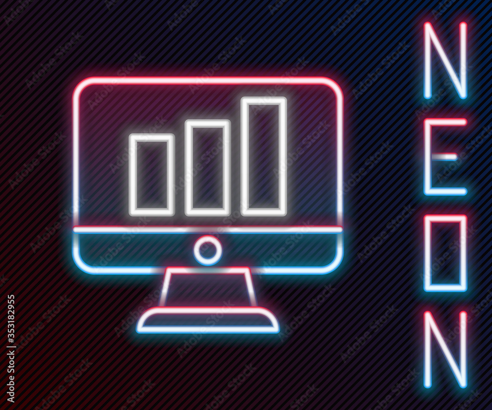 Fototapete Glowing neon line Computer monitor with graph chart icon isolated on black background. Report text file. Accounting sign. Audit, analysis, planning. Colorful outline concept. Vector Illustration.