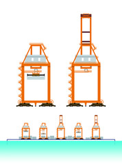 The beautiful isolated info graphic vector of various big Post Panamax cranes front view for sea port and terminal in transportation logistics business in working and stop progress on white background