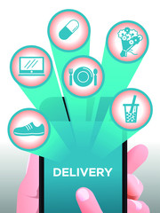 Smart Phone online Delivery Concept, Hand holding Smart Phone and finger point on Screen. And order , Shoes,  computer, food, drink, flower medicine. from home ,Function Icon are pop up, Vintage Style
