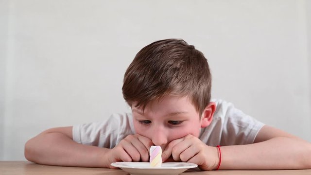 patient boy takes part in marshmallow experiment and struggles refusing to eat dessert languishing at table close view