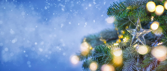Obraz na płótnie Canvas Christmas and New Year holidays background. Closeup of Christmas tree.