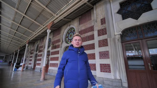 Istanbul, Turkey - January 8, 2020: Russian guide talks about end point of Orient Express line.