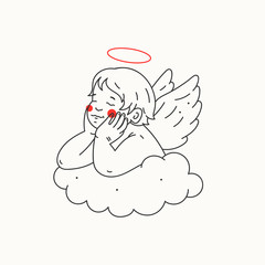 Newborn cupid little Baby with angel wings and halo. Art for design cards, invitations, baby shower. Tattoo idea. Hand drawn Vector illustration. Outline, coloring page concept. Isolated on white