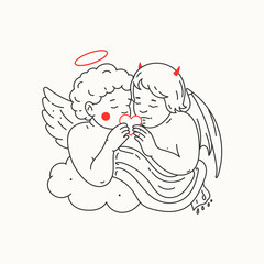 Newborn little Babies holding heart. Angel and Demon. Wings, horns and halo. Tattoo idea. Hand drawn Vector illustration. Outline, coloring page concept. Isolated on white background