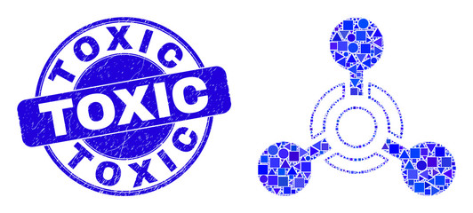 Geometric toxic Nerve agent mosaic icon and Toxic seal stamp. Blue vector rounded textured seal stamp with Toxic message. Abstract mosaic of toxic Nerve agent combined of spheric, tringle,