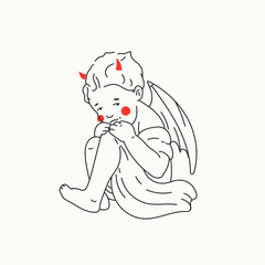 Newborn cute little Baby with demon wings and horns. Art for design cards, invitations, t-shirt print. Tattoo idea. Hand drawn Vector illustration. Outline, coloring page concept. Isolated on white