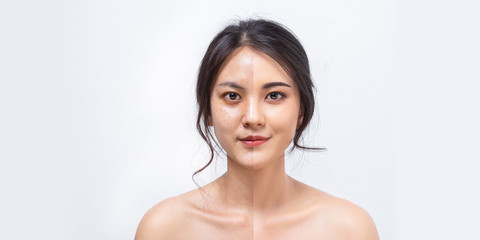 Comparison Asian women before and after applying makeup, Portrait asian girl compare fresh skin and...
