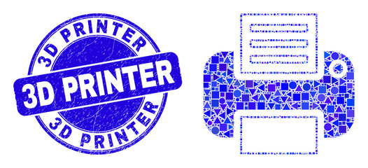 Geometric printer mosaic icon and 3D Printer seal stamp. Blue vector rounded grunge seal stamp with 3D Printer message. Abstract collage of printer designed of circle, triangles,
