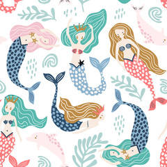 Naadloos patroon met creatieve zeemeerminnen met dolfijnen. Creatieve onderzeese kinderachtige textuur. Geweldig voor stof, textiel vectorillustratie