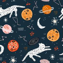 Seamless childish pattern with cheetah in cosmos. Creative kids abstract space texture for fabric, wrapping, textile, wallpaper, apparel. Vector illustration