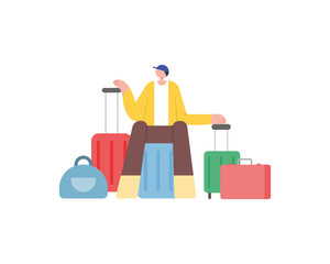 Tourist with luggage bags, suitcases, baggage. Travel concept. Flat cartoon character vector illustration.