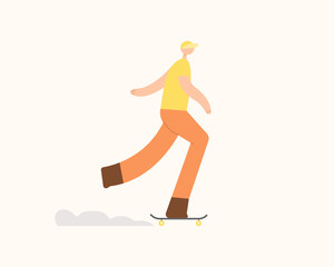 Fototapeta na wymiar Young man rolling skateboard. Flat cartoon character vector.