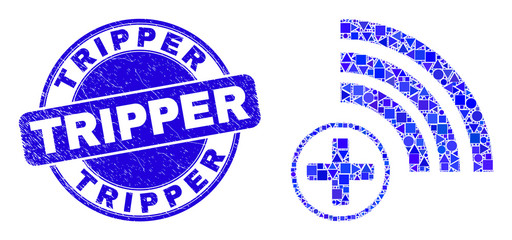 Geometric medical source mosaic pictogram and Tripper seal stamp. Blue vector round grunge seal stamp with Tripper phrase. Abstract mosaic of medical source combined of sphere, tringle,