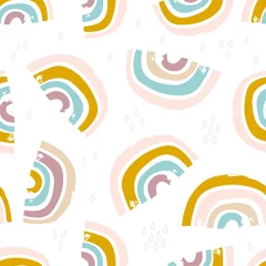 Gordijnen Kinderachtig naadloos patroon met hand getrokken retro regenboog,. Trendy kinderen vector achtergrond. © solodkayamari