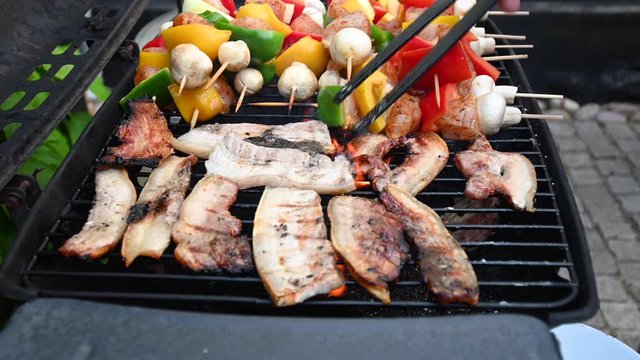 Pork, fish and chicken skewers sizzling on the barbecue, stock footage by Brian Holm Nielsen