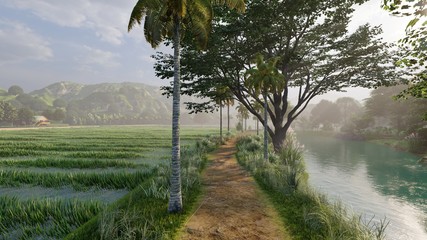 Dirt road on countryside with rice field and river. Beautiful view on a rural road. 3d rendering