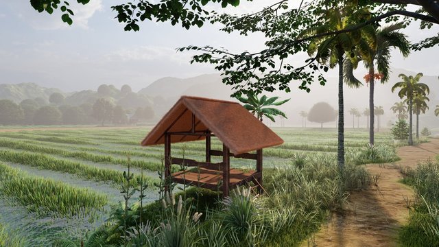 Beautifull Wooden Gazebo in the countryside. dirt road on countryside with rice fields and gazabo. 3D rendering