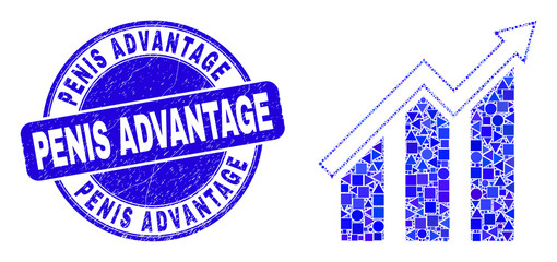 Obraz premium Geometric growing trend chart mosaic pictogram and Penis Advantage seal stamp. Blue vector round distress seal with Penis Advantage caption.