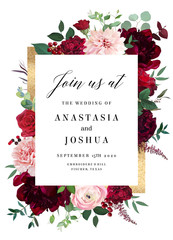 Classic luxurious red roses, marsala carnation, peony, berry, ranunculus