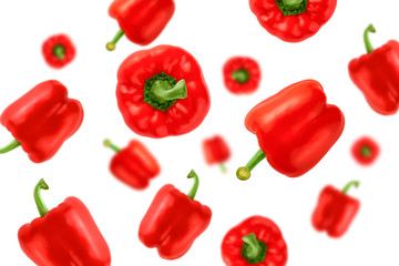 Falling red bell peppers isolated on a white background with clipping path as package design element and advertising.