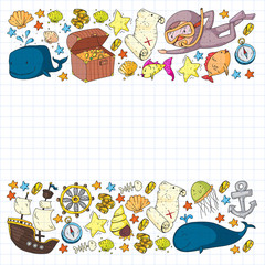 Vector set with underwater diving icons and pirate elements. Treasure chest, ship, octopus, diver. Little boys and kingergarten preschool girls summer vacation and adnventure