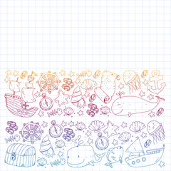 Fototapeta premium Vector set with underwater diving icons and pirate elements. Treasure chest, ship, octopus, diver. Little boys and kingergarten preschool girls summer vacation and adnventure