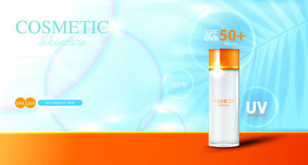 Hydrating facial sunscreen for annual sale or festival sale. orange cream mask bottle isolated on glitter particles background for product presentation. Graceful cosmetic ads, Vector illustration